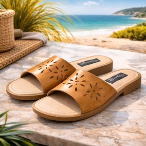 Passofino Brazil Genuine Leather Slide Sandals Size 8 Tan Cutout Summer Minimal